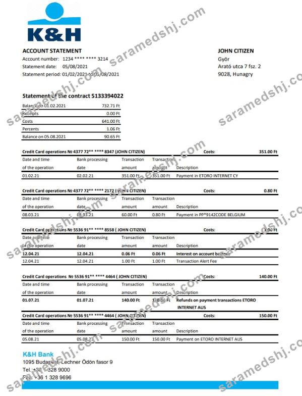 Hungary K&H Bank statement easy to fill template in Excel and PDF format